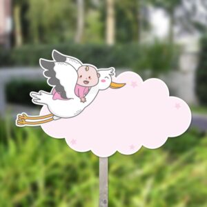 Geboortebord baby op vliegende ooievaar met wolkje - roze