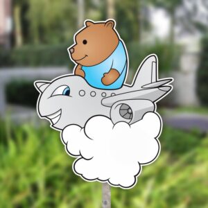Geboortebord tuinbord adoptie beertje op vliegtuig blauw