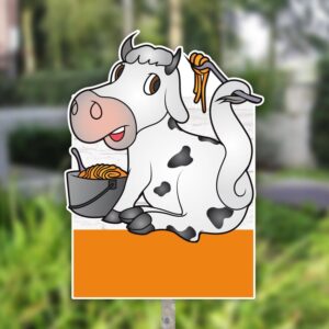 Geboortebord koe eet spaghetti voor in de tuin - tuinbord