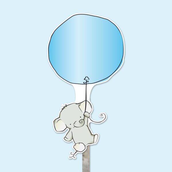 Geboortebord schets olifantje hangt aan ballon blauw